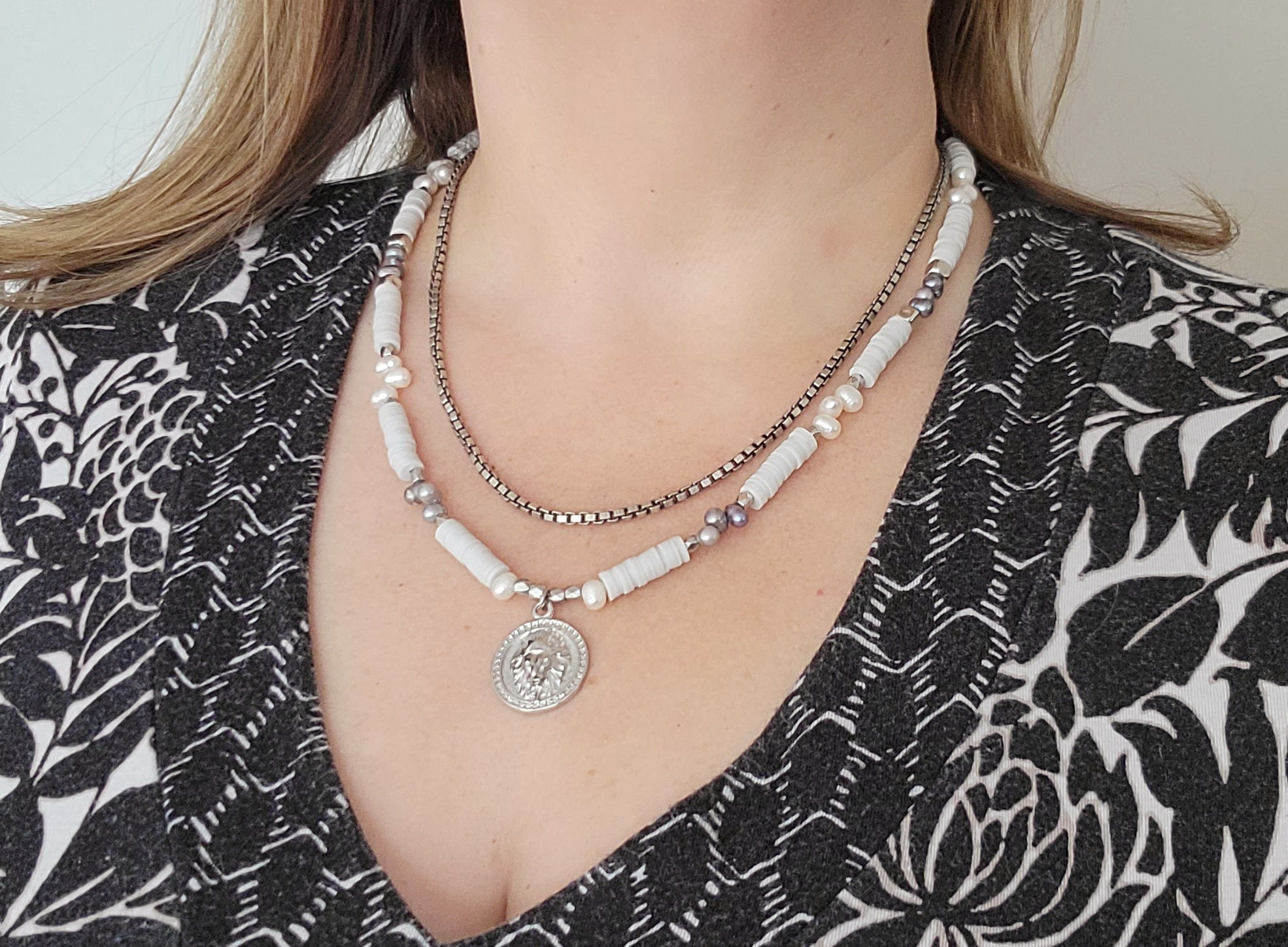 Layered Necklace with White & Gray Pearls