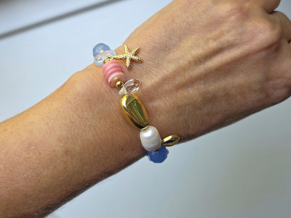 Thumbnail: Beach Blue Pink Beaded Gold plated Handmade Bracelet