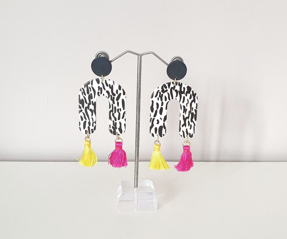 U Shape Zebra Yellow/Fuchsia Tassel Handmade Earrings