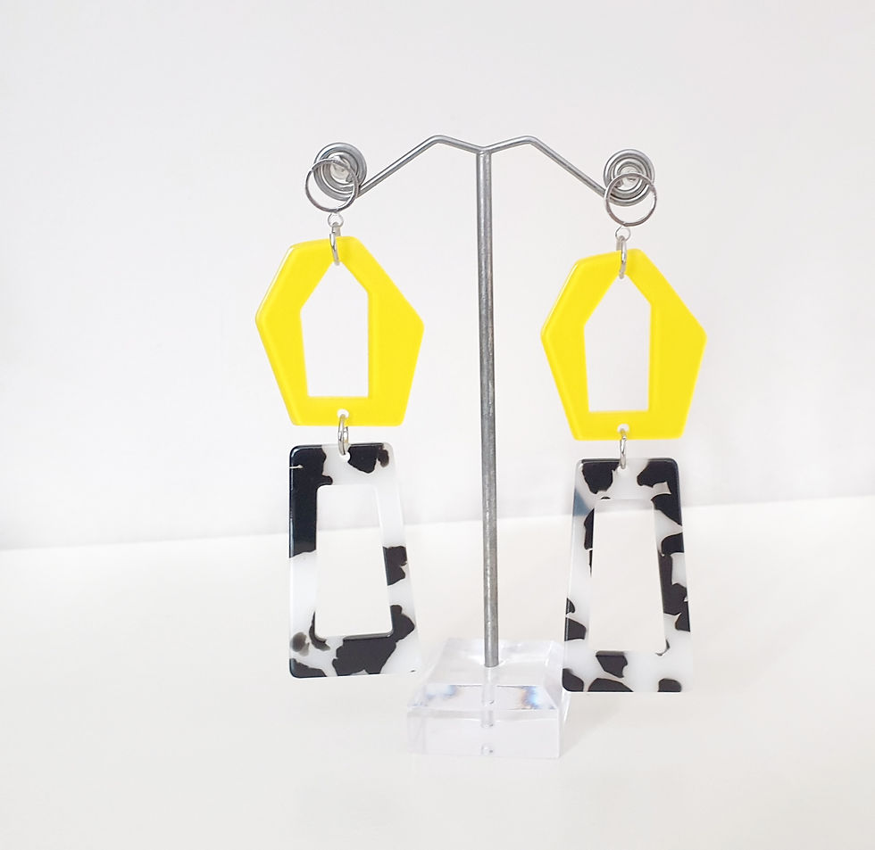 Thumbnail: Geometric Shapes Black & White / Yellow Handmade Earrings