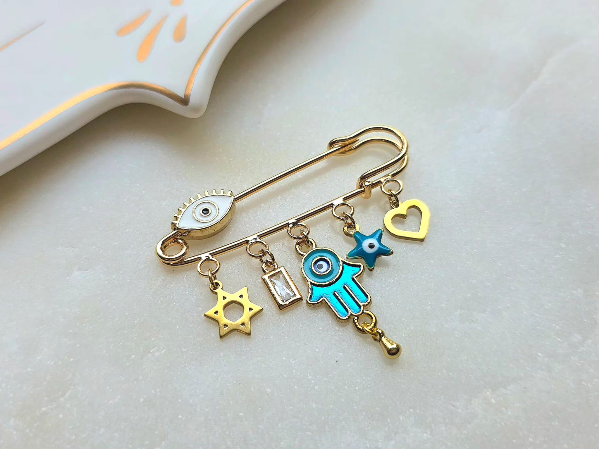 5 Rings Turquoise Baby Safety Pin Brooch with Star of David Evil Eye Heart