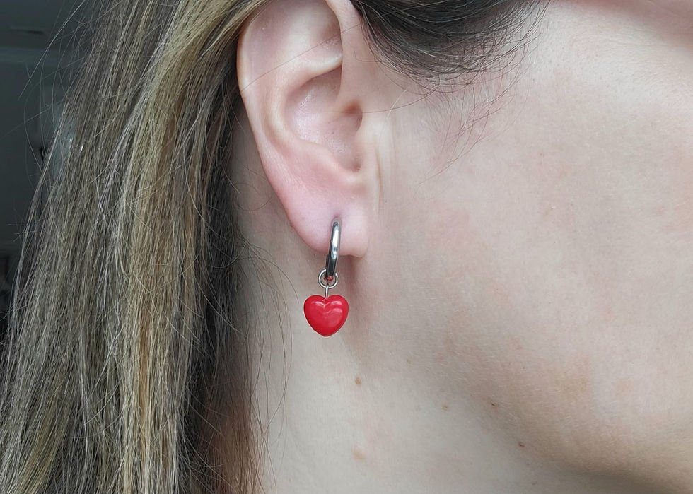 Thumbnail: Stainless Steel Silver Red Heart Hoops Handmade Earrings