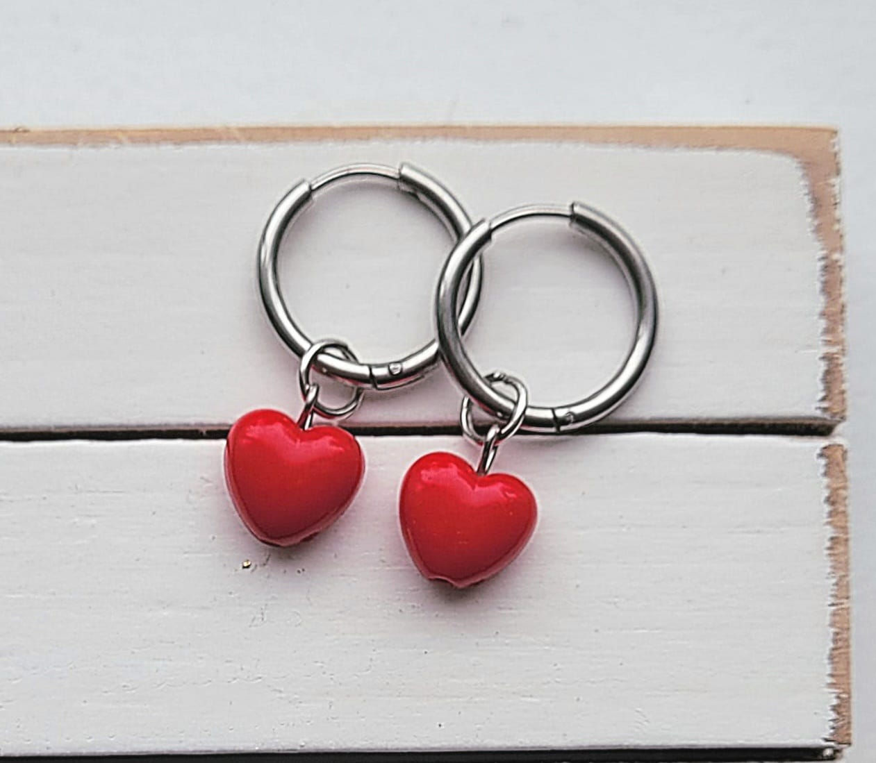 Stainless Steel Silver Red Heart Hoops Handmade Earrings