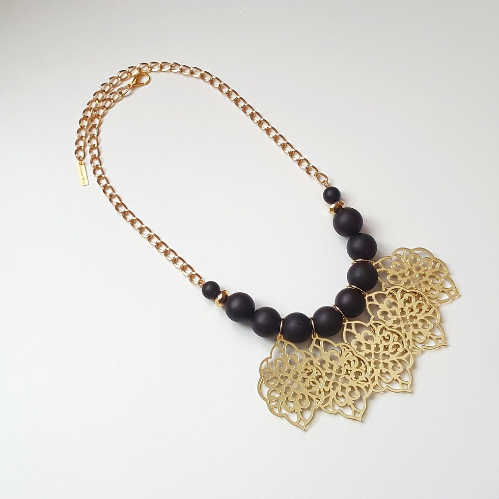 Thumbnail: "Queen of Fire" Black beads and golden chain handmade necklace