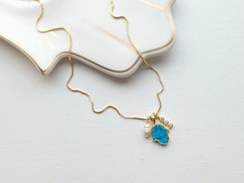 Thumbnail: 18K Gold Plated Hamsa Pearl CZ Handmade Necklace