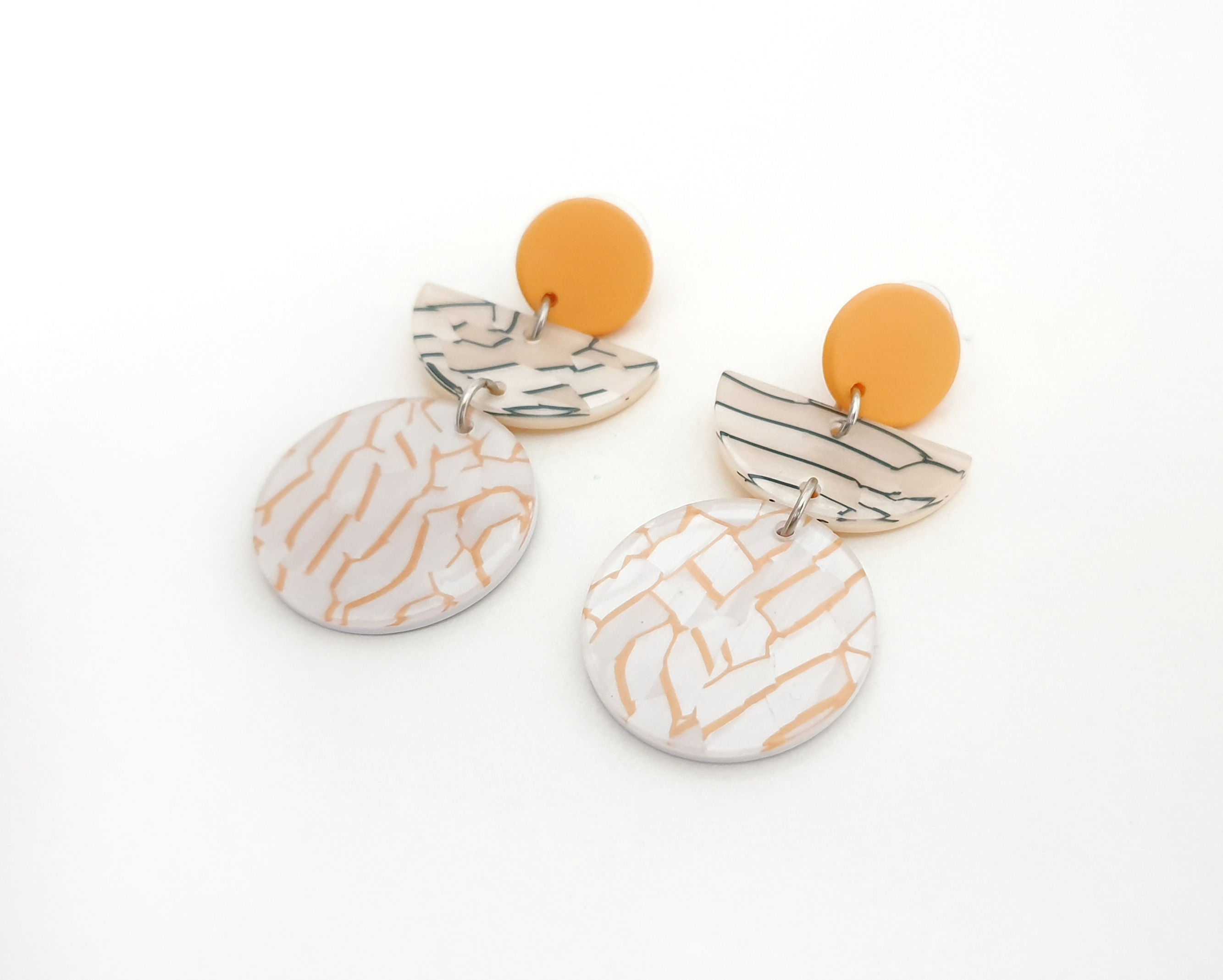 Geometric Shapes Marble Pattern White & Orange Earrings