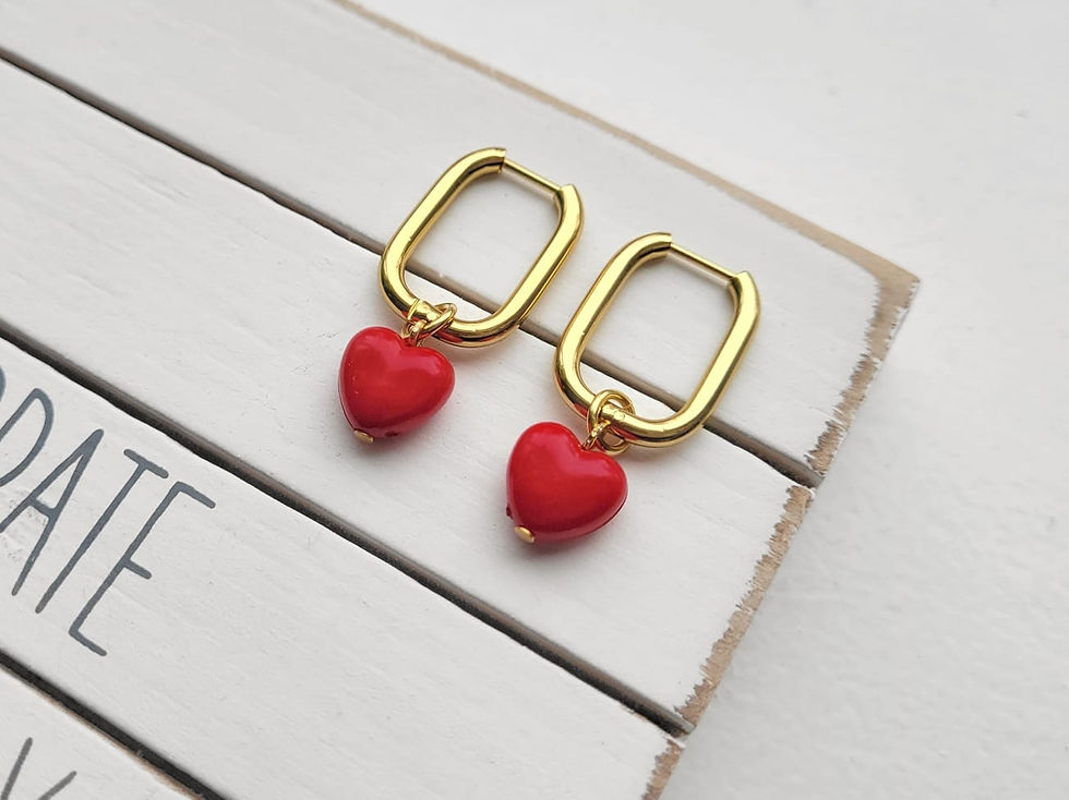 Thumbnail: 18k Gold Plated Red Heart Rectangle Handmade Earrings