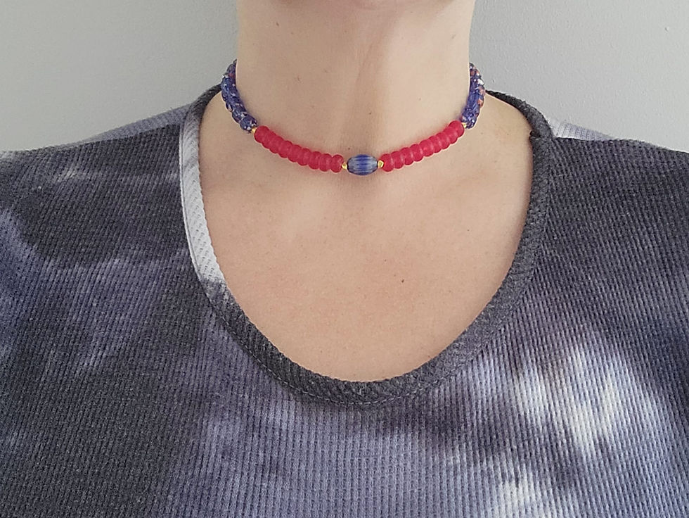 Thumbnail: Boho Blue Red Glass & Gold Adjustable Necklace