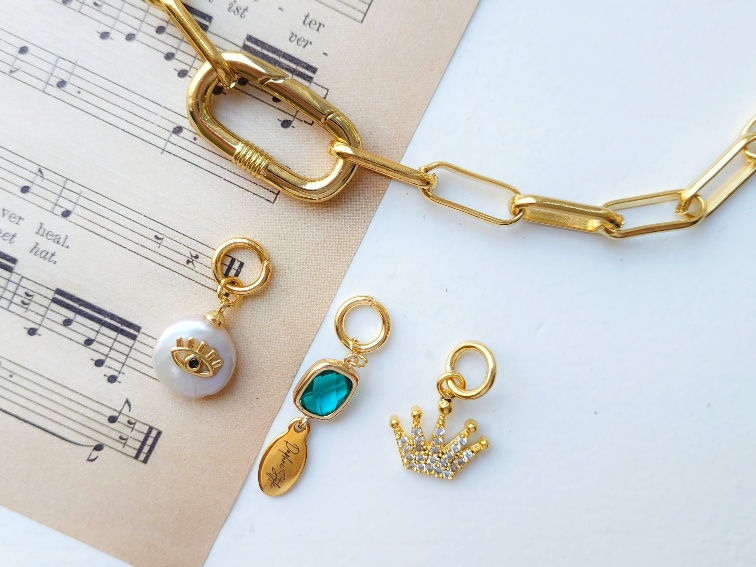 Thumbnail: 24k Gold Plated Paperclip chain Handmade Necklace with charms