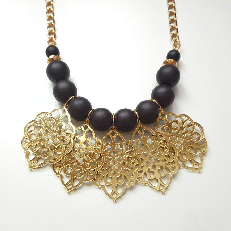 "Queen of Fire" Black beads and golden chain handmade necklace