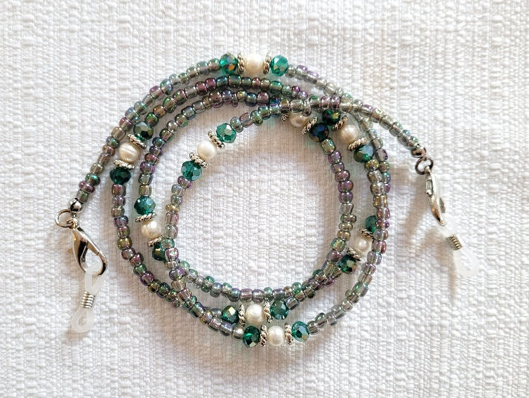 Pearls & Green Crystals Glasses Chain / Mask Chain