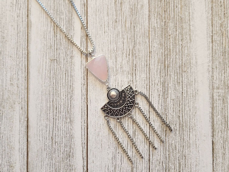 Thumbnail: Pink Chalcedony Triangle Handmade Necklace
