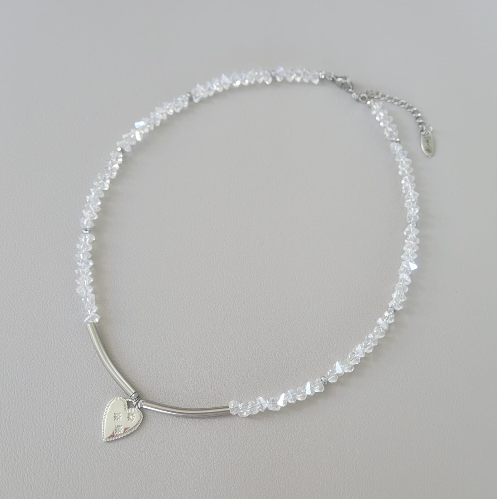 Clear Crystals Choker with CZ Heart Handmade Necklace