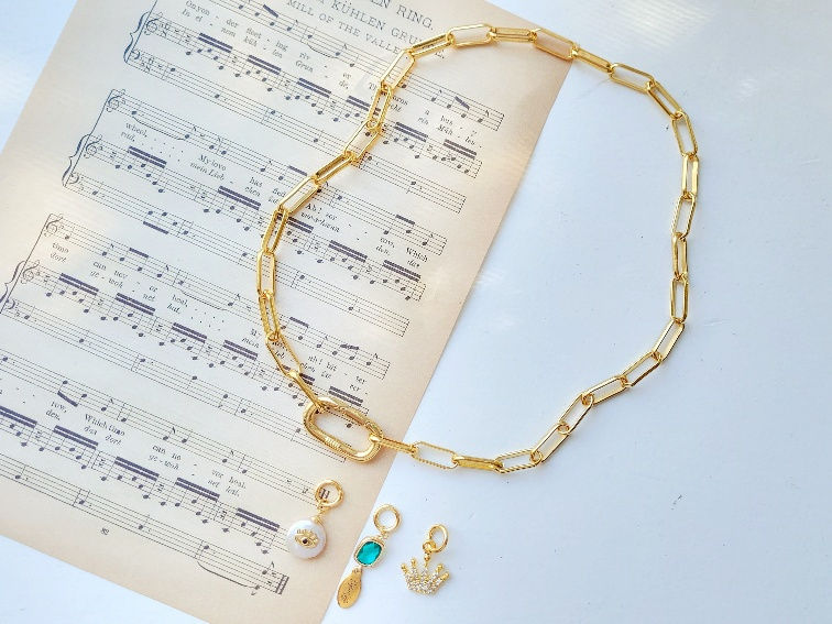 Thumbnail: 24k Gold Plated Paperclip chain Handmade Necklace with charms