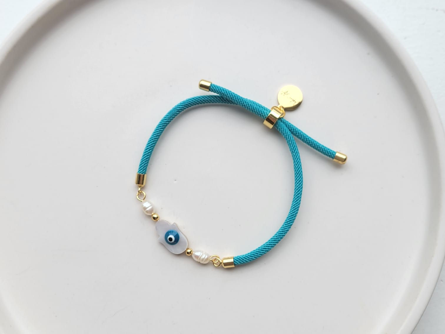 Shell Hamsa & Pearl Adjustable Turquoise Handmade Bracelet