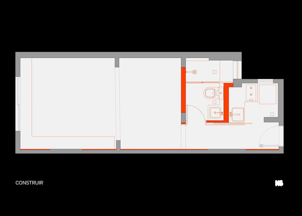 Planta baixa de construção e reforma destacando em vermelho as novas paredes, divisórias e bancadas que serão erguidas. Desenho técnico profissional para projeto de arquitetura de interiores.