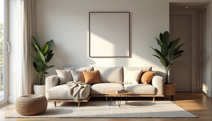 Vista frontal de sala de estar moderna com iluminação natural e decoração personalizada