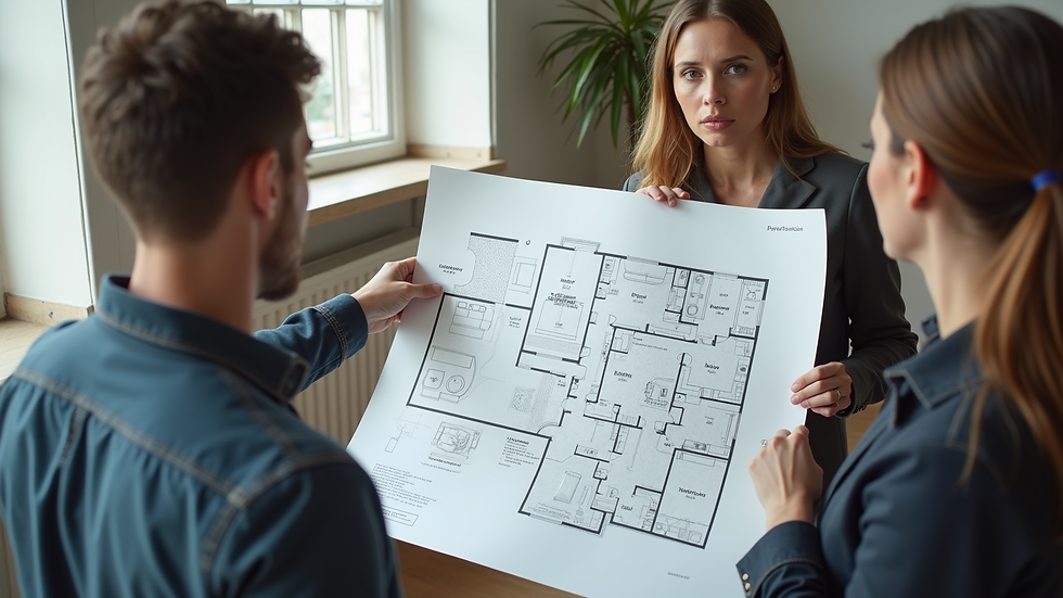 Wide angle view of a designer showing a floor plan to a client