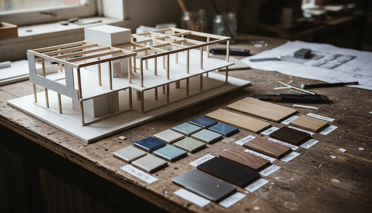 Eye-level view of a partially assembled scale model with labeled material samples beside it