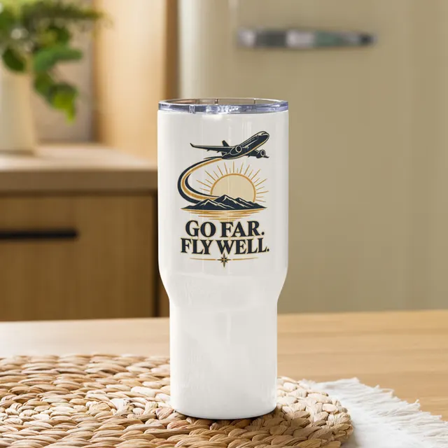Go Far Fly Well Travel mug with a handle