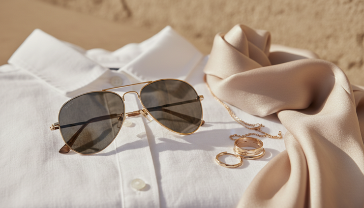 Close-up view of sunglasses resting on a linen shirt beside a silk scarf.