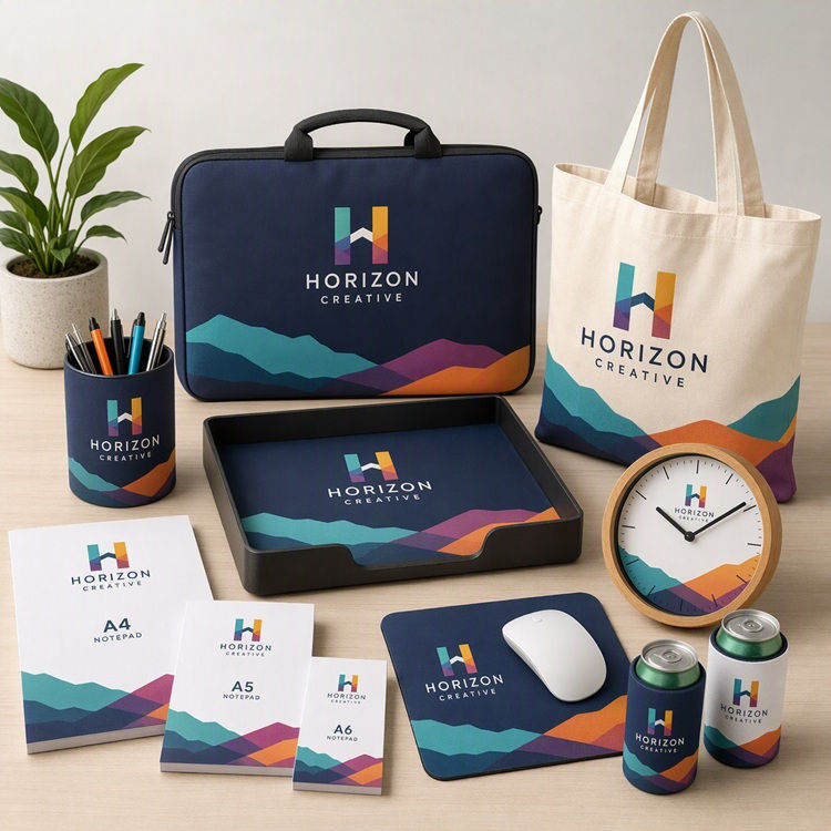 Cup holder, laptop bag, tote bag, serving tray, clock, mouse padsm stubbie coolers and A4 A5 and A6 notepads with custom colour printing