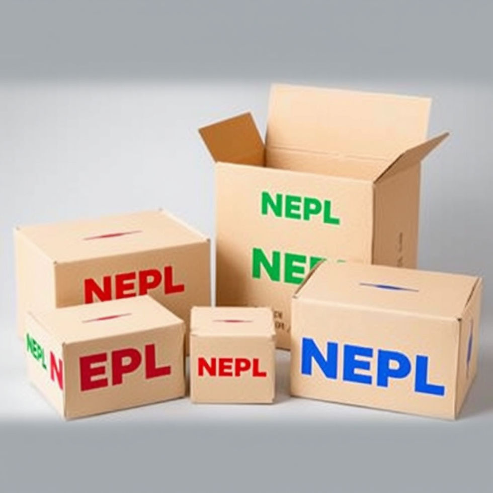 different sizes PRINTED corrugated boxes with the text _NEPL_ in different colours like re