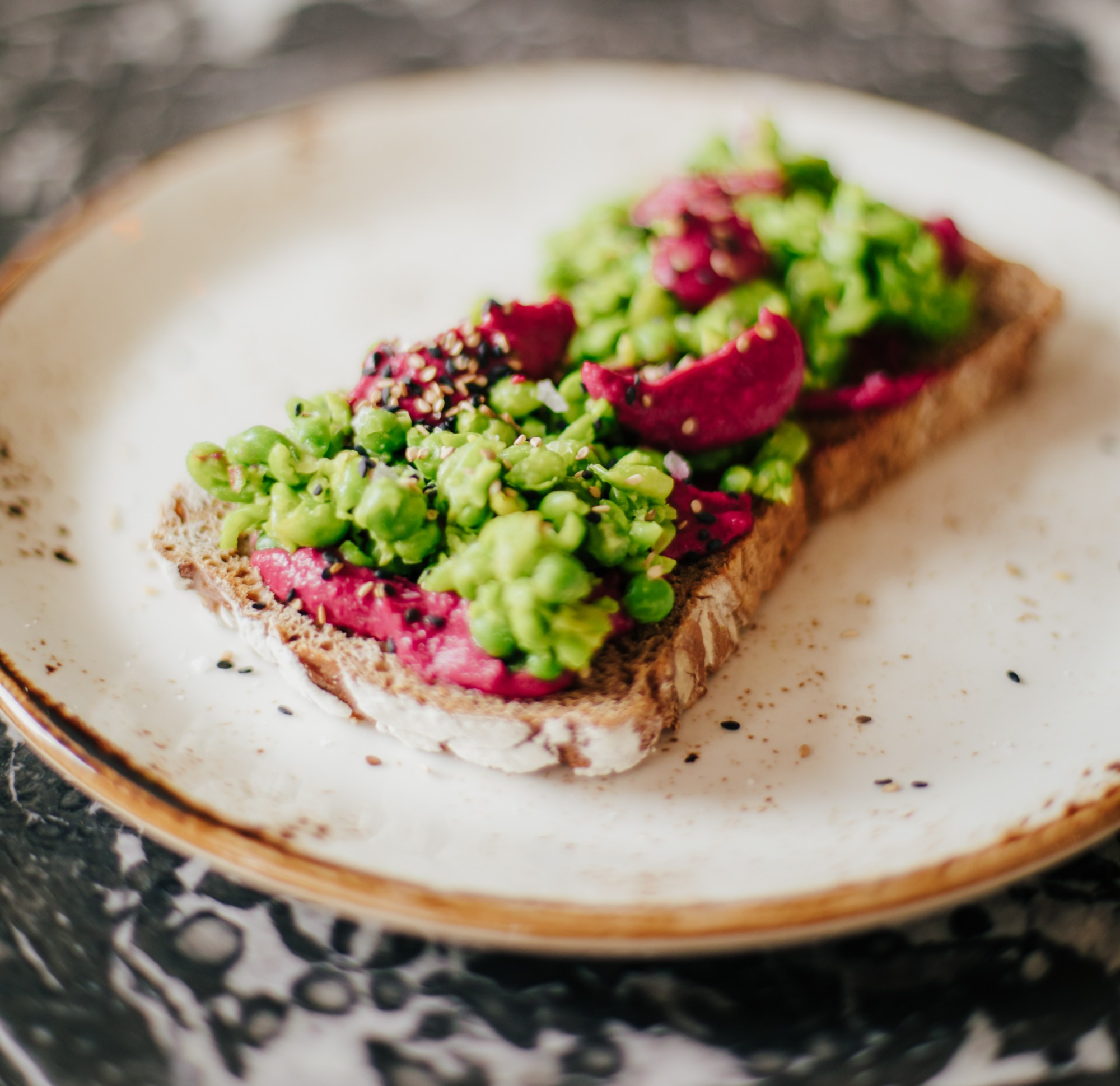 avocado toast with beet hummus
