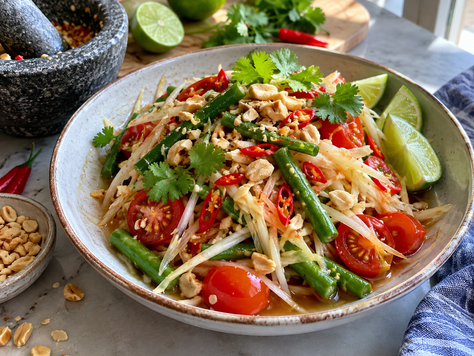 Vegan Thai green papaya salad with tomatoes, green beans, chili, lime, cilantro and peanuts