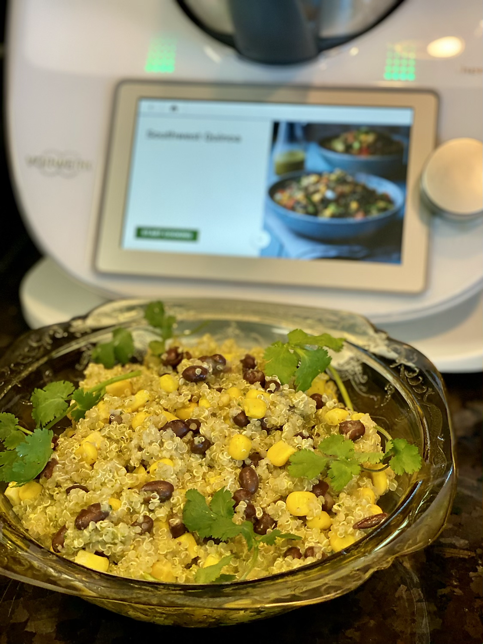 Southwest Quinoa in bowl next to recipe