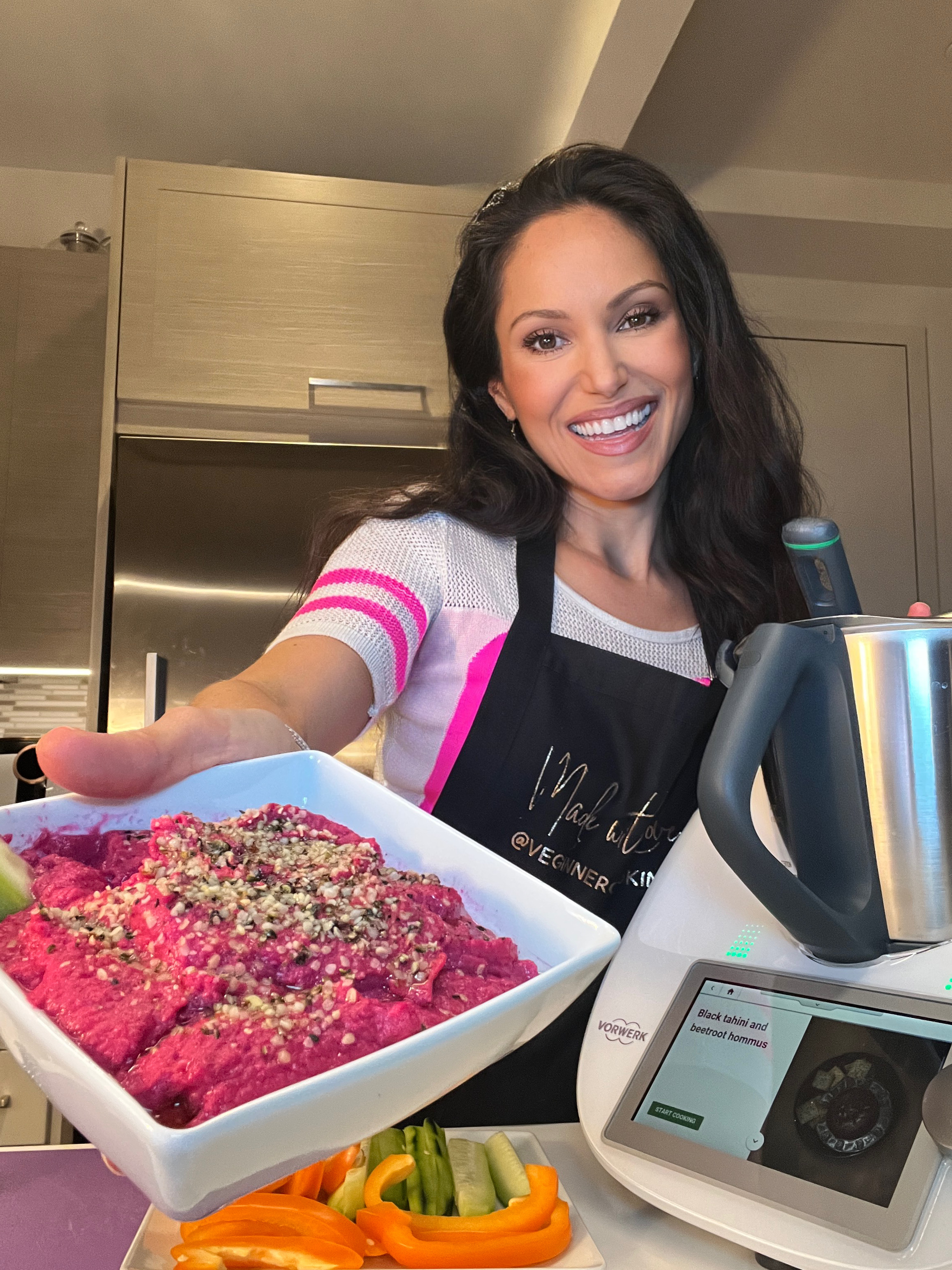 food blogger making beet hummus