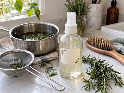 DIY rosemary water for hair growth with fresh rosemary, saucepan, strainer, spray bottle, and hairbrush