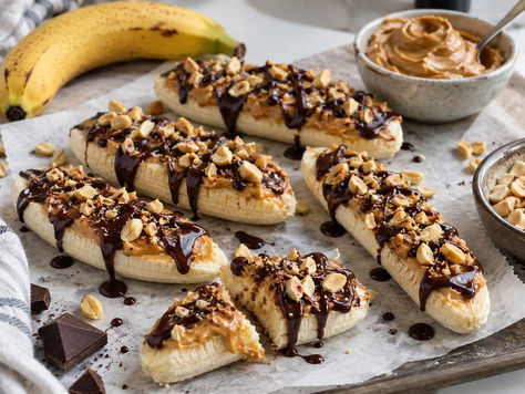 Vegan banana Snickers with peanut butter peanuts and dark chocolate