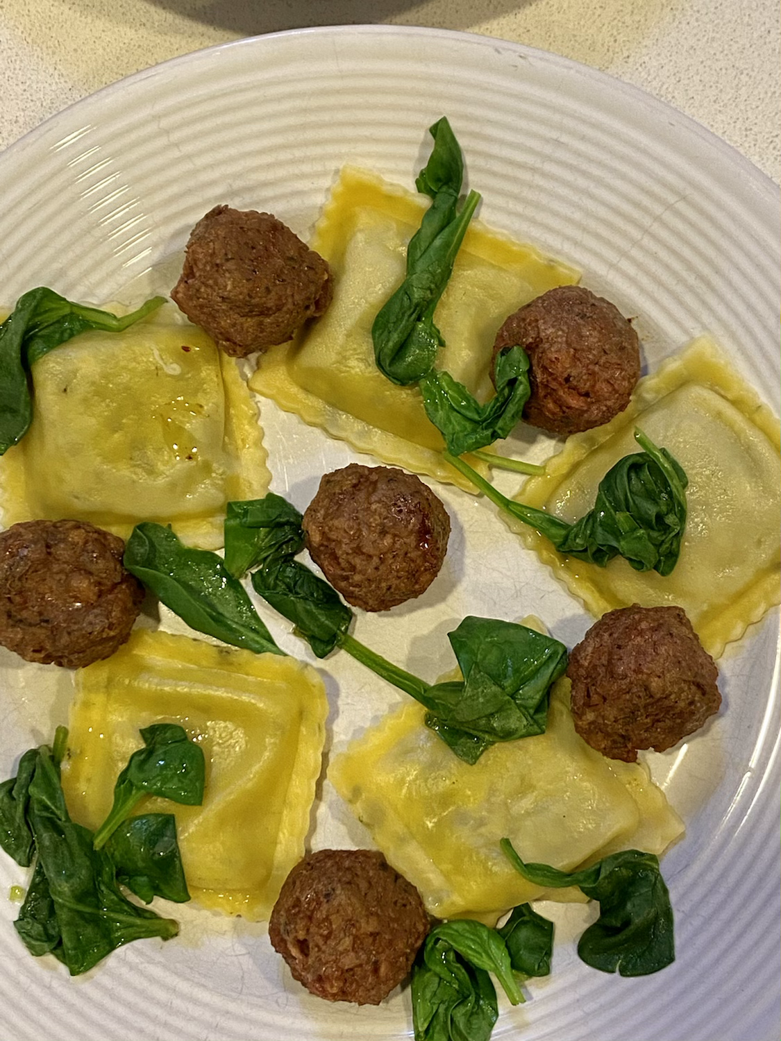 Vegan Meatball Marinara with spinach ravioli