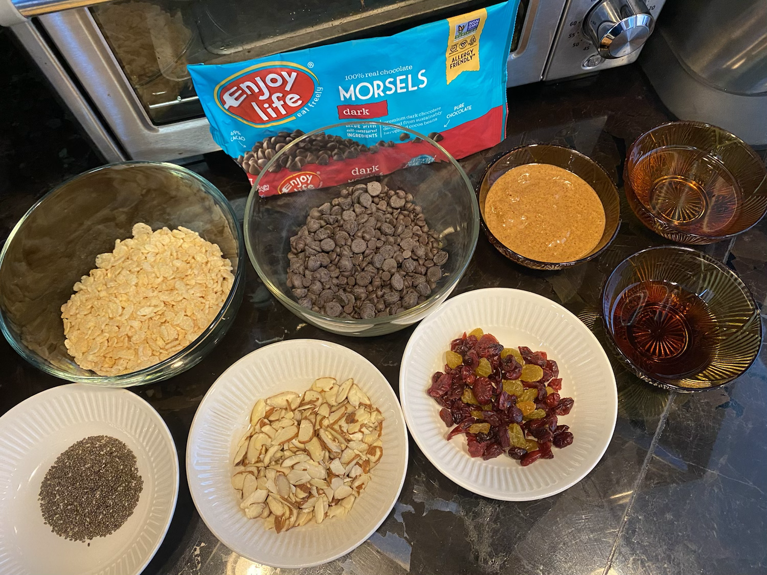 Rice Crispy Chocolate Bars Ingredients in bowls