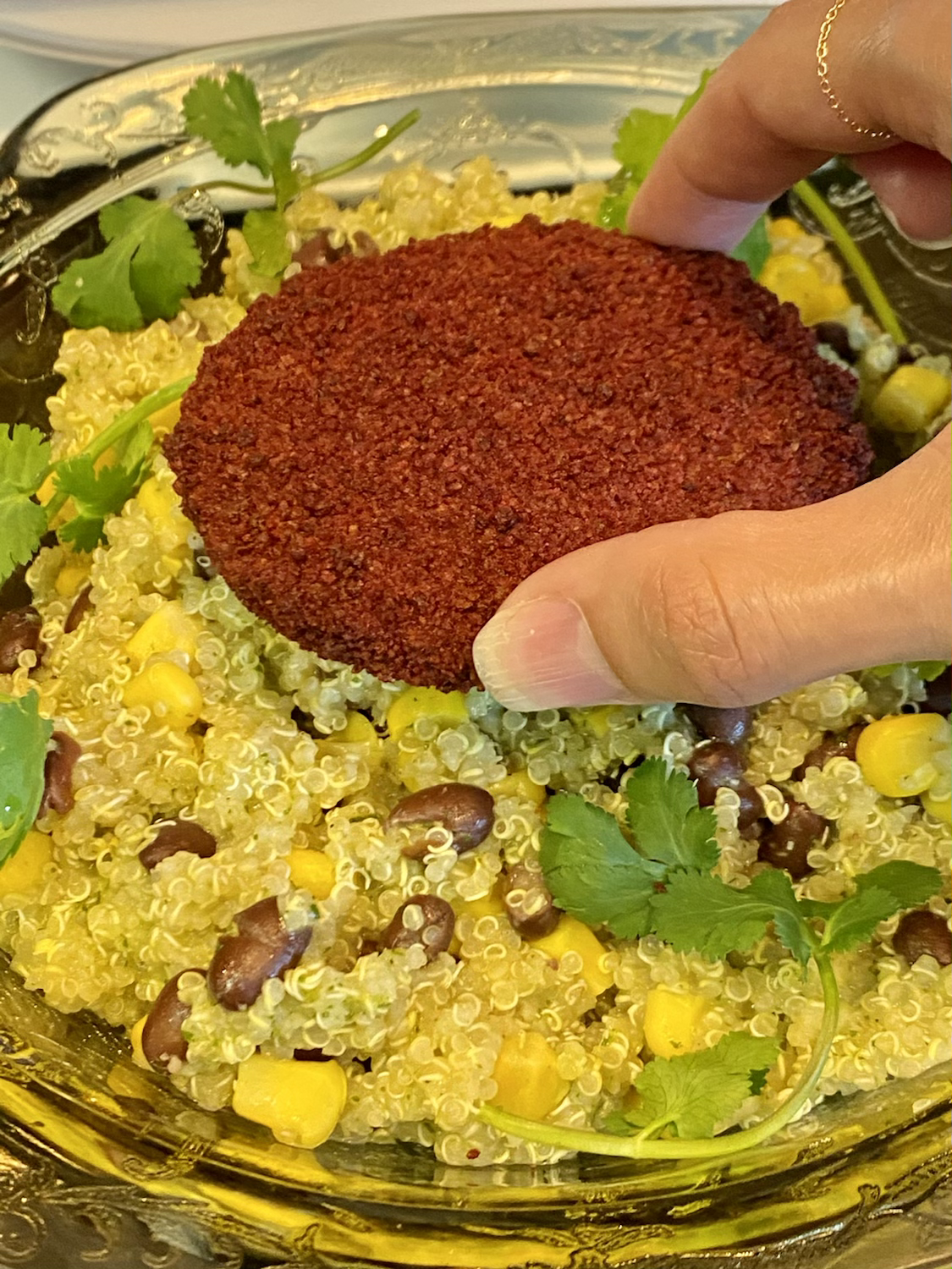 Southwest Quinoa with Beetroot and bean burger patty