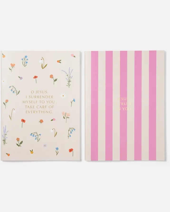 Thumbnail: journal with flower cover and surrender prayer and journal pink and white stripes and Jesus I Trust in you