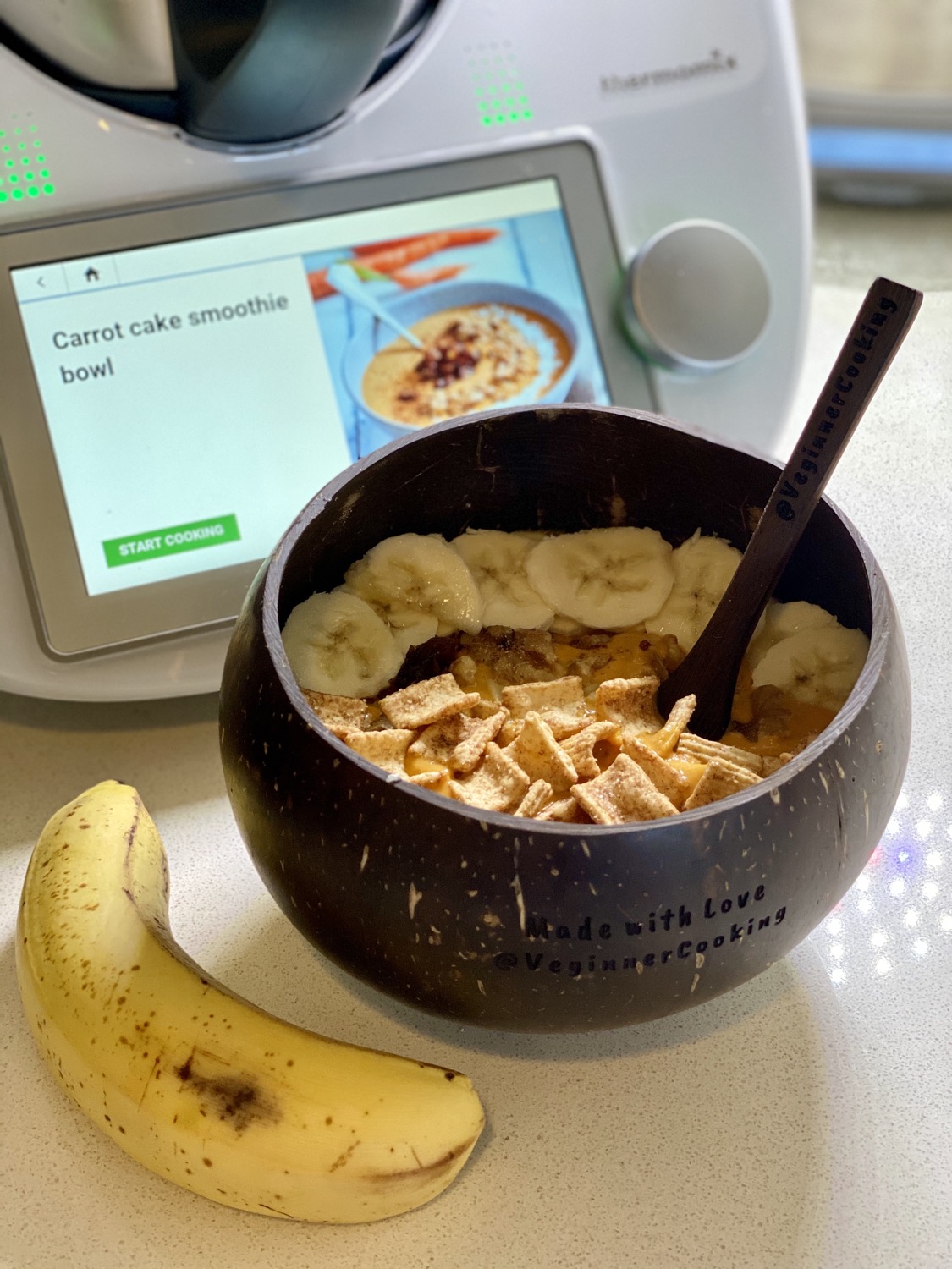 Carrot Cake Smoothie Bowl next to recipe with banana