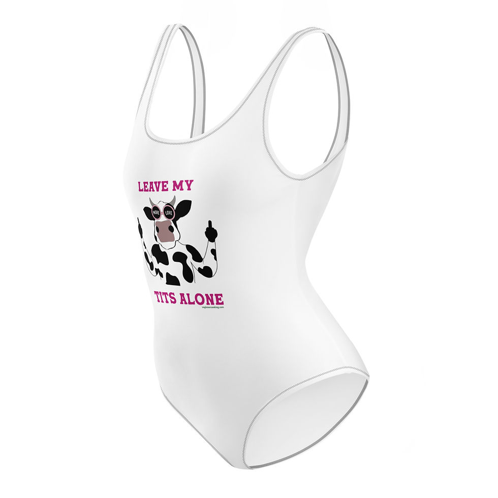 Thumbnail: Cheeky-cut one-piece swimsuit with cruelty-free dairy-free message, photographed flat with visible stitching
