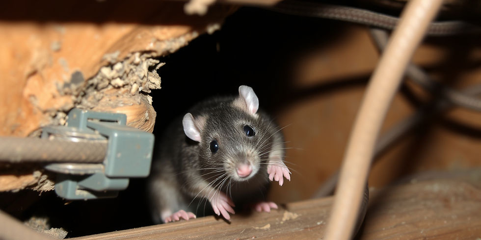 A curious rat peers from a wooden hole, surrounded by wires. The scene is dimly lit, highlighting its whiskers and vibrant eyes.