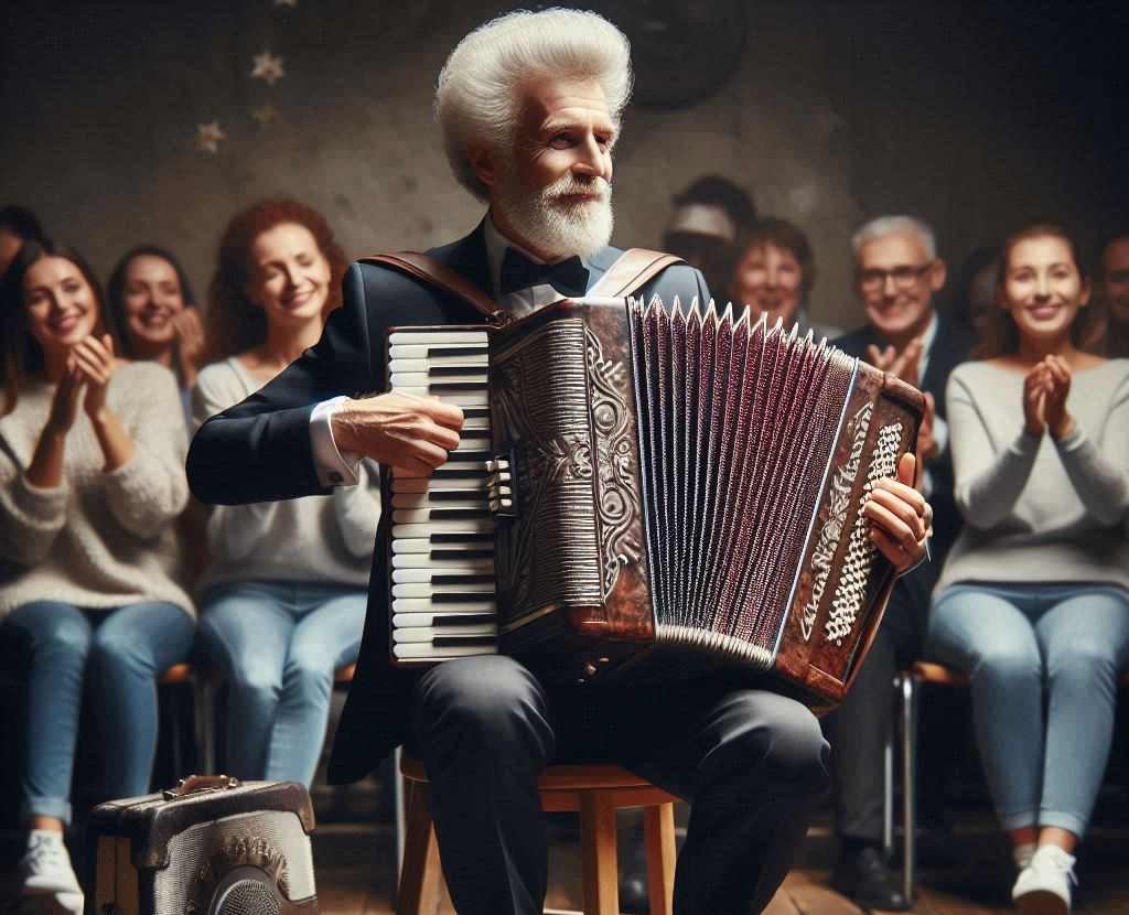Un accordéoniste joue devant un public qui applaudit, dans une salle de concert.
