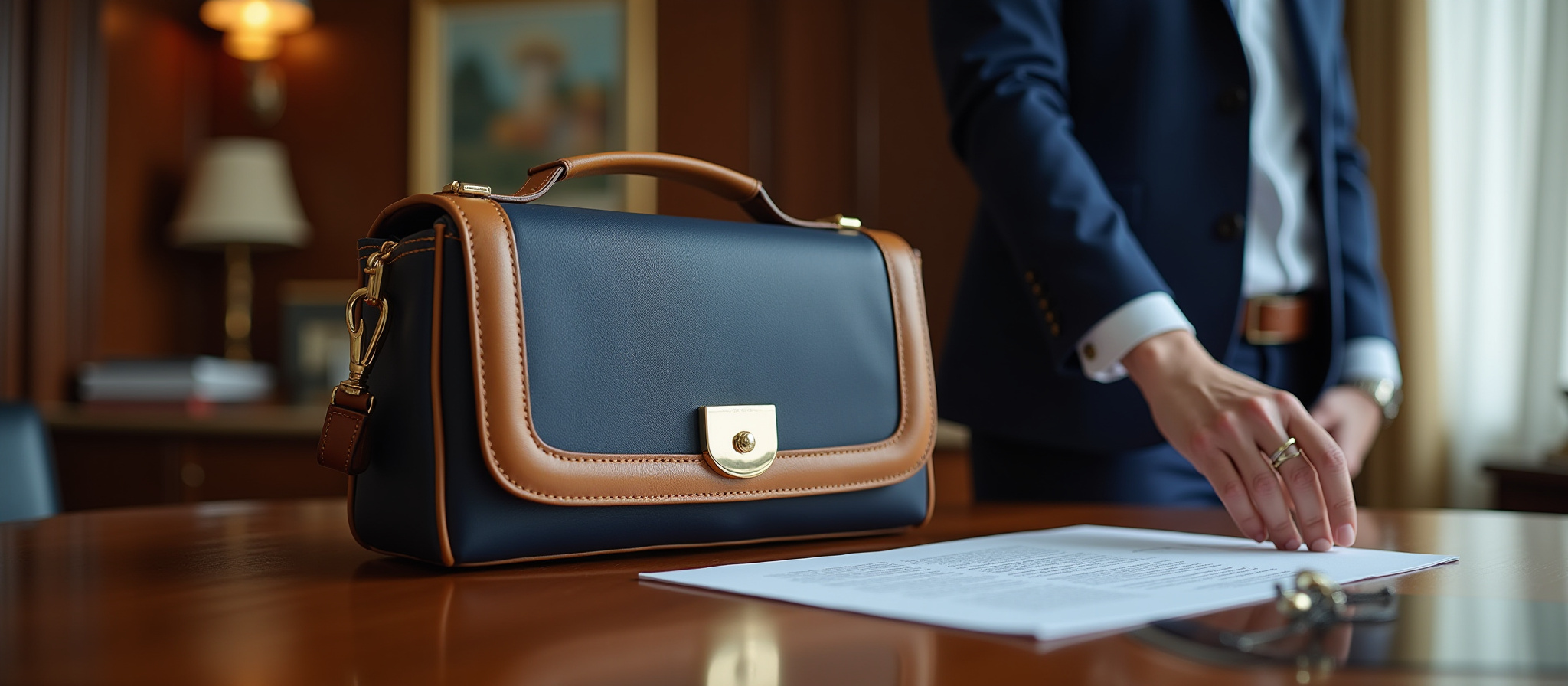 Image of a satchel sitting on a table in an office