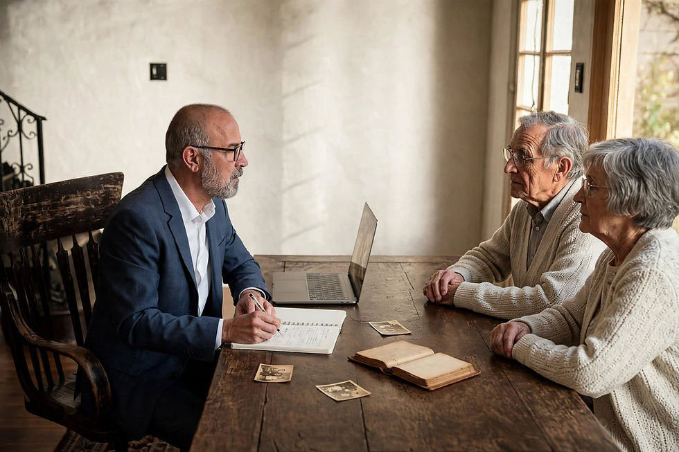 Écrivain biographe prenant des notes lors d'un entretien avec un couple de personnes âgées, des photos anciennes et un vieux carnet posés sur la table