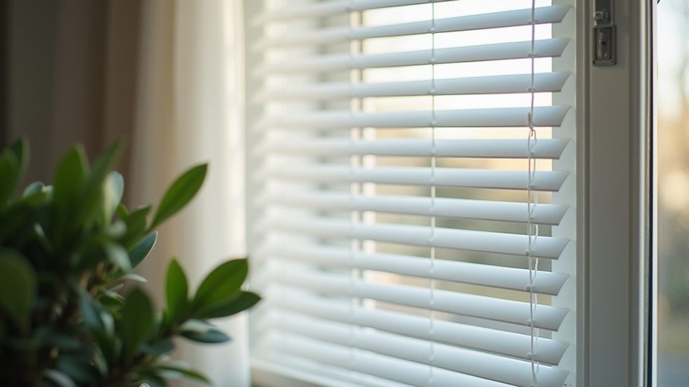 Eye-level view of a living room window with white Venetian blinds partially open
