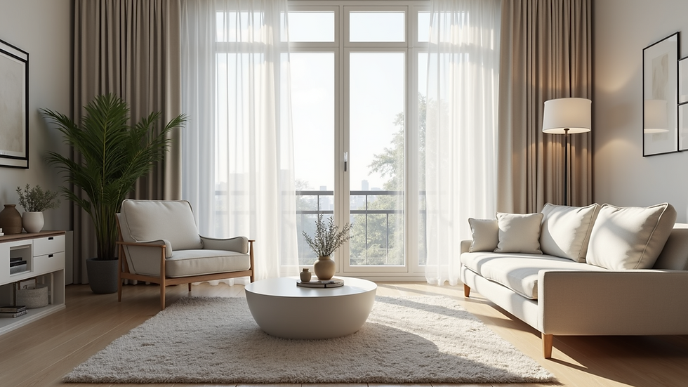 Eye-level view of modern living room with white venetian window treatments