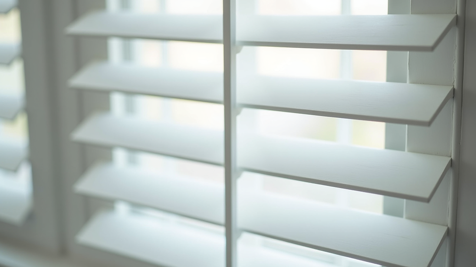 Eye-level view of white wooden Venetian blinds partially open