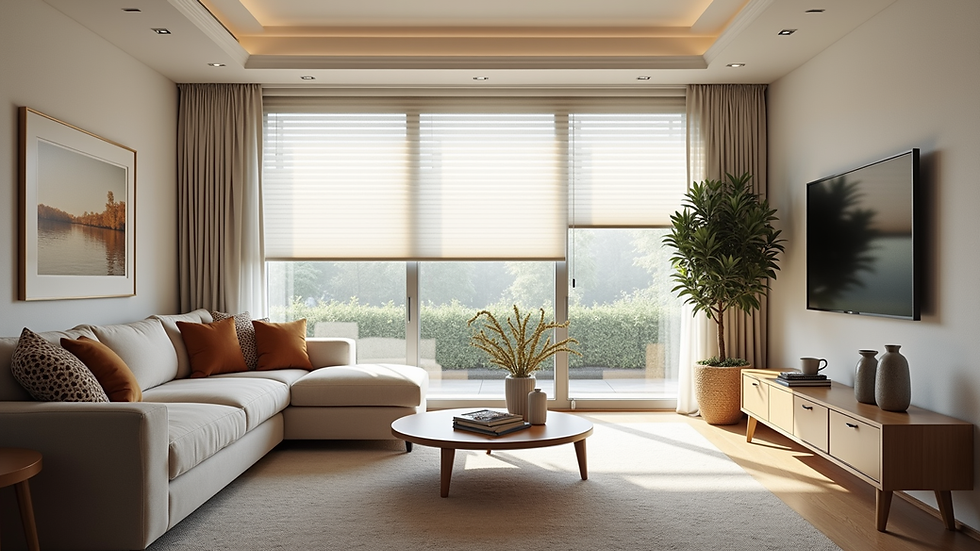 Eye-level view of a modern living room with custom blinds on large windows