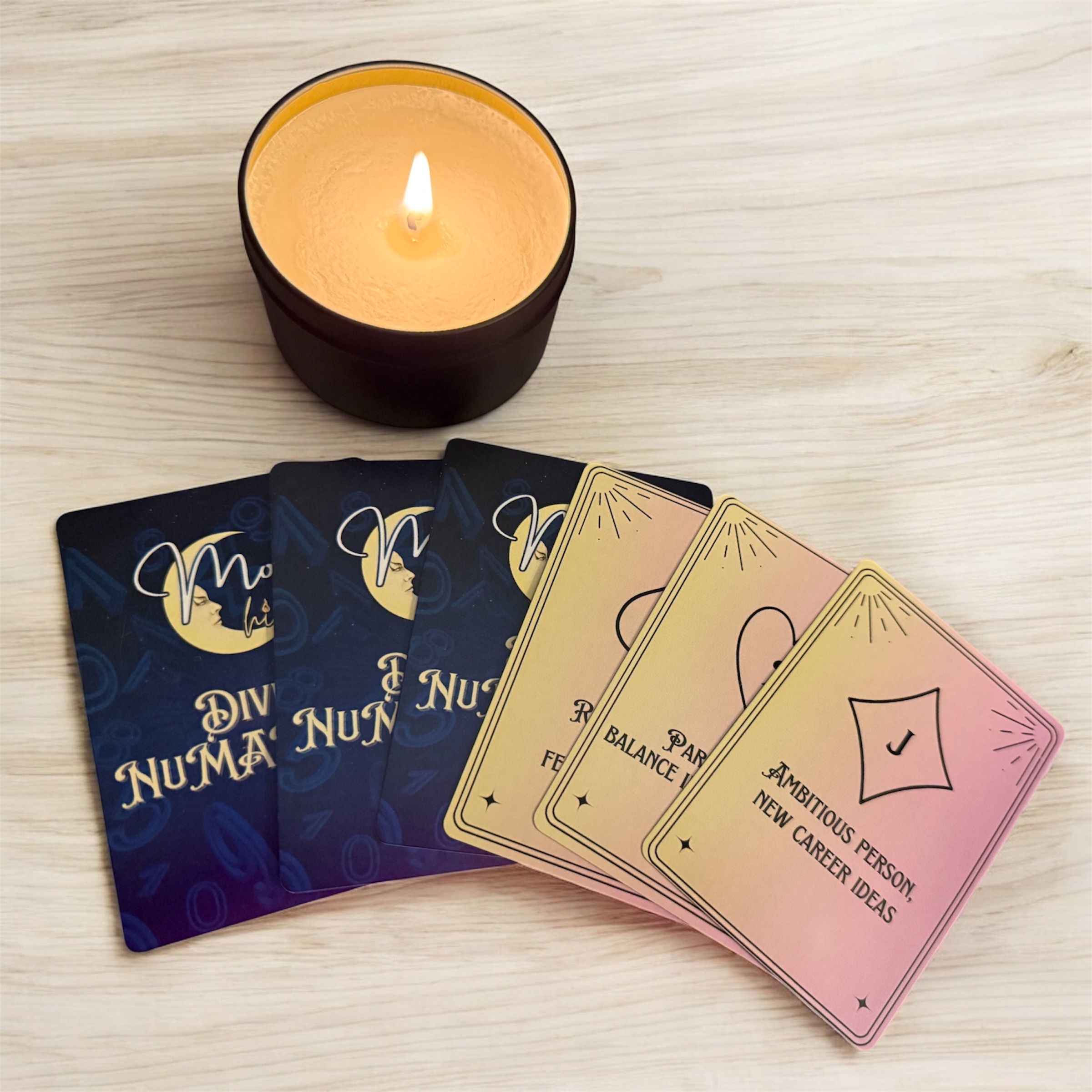 Divination cards and candle for NuMARology reading