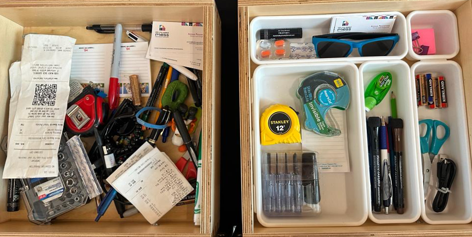 Two drawers, one is disorganized, one is organizer with dividers