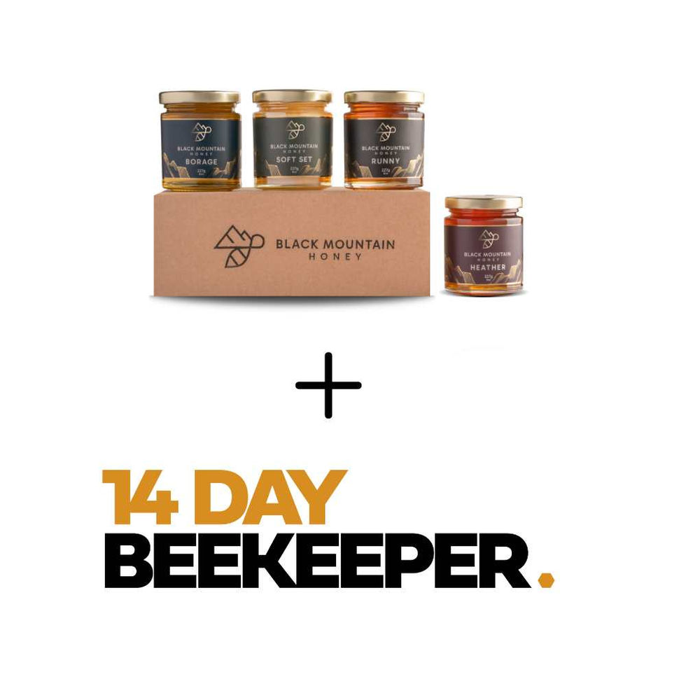 Four jars of honey from Black Mountain Honey with a box, plus text reading "14 Day Beekeeper.